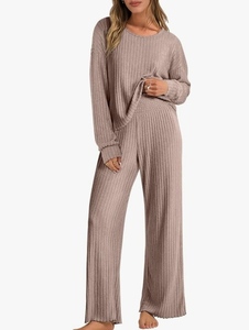 ANRABESS Women 2 Piece Lounge Pajamas Sets Casual Ribbed Knit Long Sleeve Top Pants Matching Set 2025 Fall Outfits Clothes Size XL