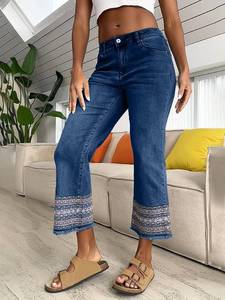 Flamingals Straight Leg Jeans for Women Low Rise Cropped Jeans Wash Embroidery Raw Hem Denim Pants 3XL - Retail: $65.99