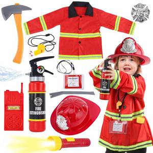 lot 15341 image: Fireman Costume for Kids, 10 Pcs Firefighter Costume with Toy Accessories Set, Fireman Role Play Outfit Toys, Kids Firefighter Dress Up Clothes, Halloween  - Retail $26