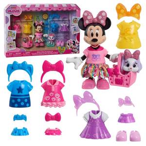 lot 15342 image: Disney Junior Minnie Mouse Glitter and Glam Pet Fashion Set, 23-piece Doll and Accessories, Kids Toys for Ages 3 Up by Just Play - Retail $28