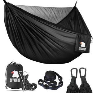 lot 15346 image: Camping Hammock - 772lbs Capacity Double Hammock with Tree Straps, Lightweight Parachute Nylon Outdoor Survival Gear for Hiking, Backpacking, Travel or Backyard (Black) missing parts  - Retail $28