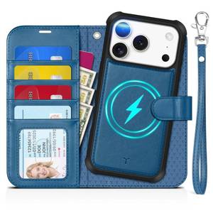 lot 15359 image: Detachable Case Wallet for iPhone 17 Pro (6.3) 2025, Wrist Strap  4 Card Slots RFID Blocking  Wireless Charging  Stand  2-in-1 Magnetic  PU Leather  Shockproof Folio Cover  Light Blue - Retail $30