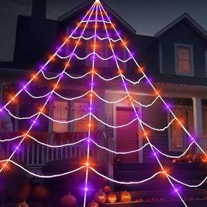 lot 15371 image: Light-up Halloween Spider Web Decoration Outdoor, 19.7 x 14.7 FT Giant Triangular Web with LED Lights, Timer Cobweb Decor with 8 Lighting Modes for Indoor Yard Porch Haunted House Prop - Retail $25