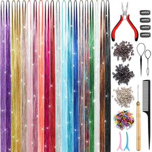 lot 15383 image: Hair Tinsel Kit (20 Colors, 48 Inches) Sparking Tinsel Hair Extensions Kit with Tools, Heat Resistant Highlights Glitter Hair Extensions Fairy Hair Accessories for Girls Women - Retail $8