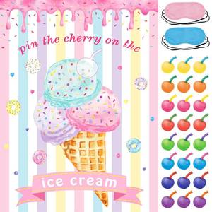lot 15391 image: Pin The Cherry on The Ice Cream Game with 24 PCS Cherry Stickers Games Poster for Kids Girls Birthday 21 x 28 - Retail $7