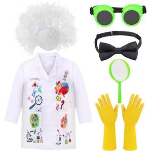 lot 15398 image: Kyson Kids Mad Scientist Costume 6 Pieces Science Crazy Lab Coat and Goggles Wig Gloves Bowtie Magnifier Halloween Dress Up (Set A)(glove dirty)