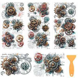 lot 15400 image: 3 Sheets Vintage Machinery Gear Rub on Transfers for Crafts and Furniture 12 6inch Cogs Curios Clocks Furniture Transfer Stickers for Wood Furniture Cabinet Dressers Home Decor - Retail $8