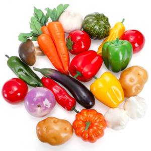 lot 15404 image: 21 Pieces Artificial Vegetables, Realistic Fake Vegetables, Lifelike Decorative Faux Veggies for Kitchen Home Party Festival Christmas Decoration Photo Props  - Retail $20