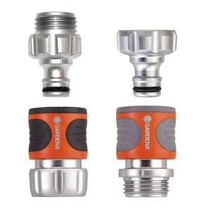 lot 15419 image: Gardena 39042-M  Heavy Duty 4 Piece Premium Metal Quick Connector Garden Hose Starter Set - Quick Connect Water Fittings and Accessories in Seconds. Includes Male and Female Leak Free adapters