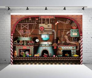 lot 15448 image: 5x3ft Fabric Vintage Santa Claus Toy Factory Backdrop Antique Steampunk Style Old Machines Toys Gifts Santas Mail Background for Photography Christmas Party Decorations Kids Photo Props - Retail $12