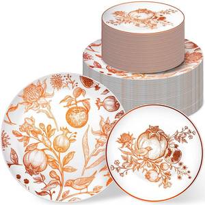 lot 15491 image: Fall Thanksgiving Disposable Plastic Plates Set for Guests Wildflower Pomegranate Chinoiserie Embossed Vintage Dessert Tableware for Autumn Wedding Party Dinnerware Supplies(50 Pcs) - Retail $48