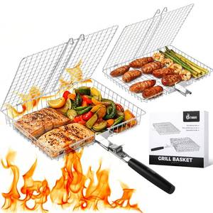 lot 15493 image: Nesting Grill Baskets, 2pcs Grilling Baskets for Outdoor with Removable Handle, Stainless Steel BBQ Camping Cooking Accessories Tools for Fish, Vegetable, Shrimp - Gifts for Men Dad Husband - Retail $37
