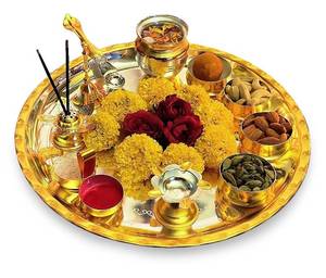 lot 15494 image: Pooja Thali Set Gold and Silver Plated Puja Thali for Diwali Decoration Gift Items Festival Ethnic Puja Thali for Temple Office Home Wedding Return Gifts (12 Inch  NOBG684, Gold and Silver) - Retail $59
