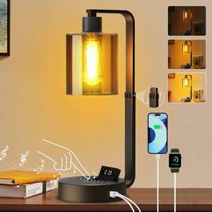 lot 15507 image: Industrial Table Lamp, Dimmable Bedside Lamps Nightstand for Bedroom USB AC Charging Ports, Alarm Clock Bluetooth Speaker Lamp, Adjustable Height 2700K Warm Light Desk Touch Lamp for Living Room