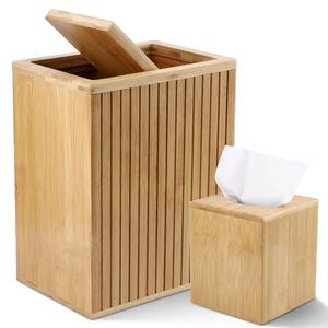 lot 15510 image: Bamboo Waste Basket and Tissue Holder,3 Gal Decorative Bathroom Recycling Trash Can, Farmhouse Rustic Trash Bin Tissue Box Cover Square Cube, for Bathroom, Bedroom, Dinner Table, Office, Kitchen. TWO CRACKS. - Retail $40