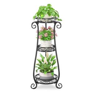 lot 15519 image: 3 Tier Metal Plant Stand Indoor Outdoor, Wrought Iron Corner Tall Flower Pot Holder Shelf, 34 Inch Vertical Heavy Duty Display Rack for Patio Porch Living Room Garden, Black - Retail $36
