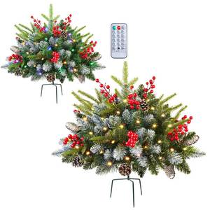 lot 15526 image: Set of 2 18 Inch Lighted Outdoor Christmas Tree with Remote, Timer, Multi-Color Lights, Battery Operated Pre-lit Frosted Pathway Artificial Urn Filler, Christmas Porch Decorations for Home Porch Yard - Retail $40