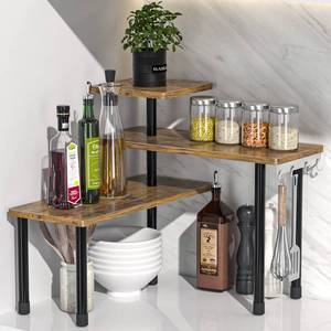 lot 15527 image: JayRex Countertop Organizer Organization, 3 Tier Moveable Corner Shelf Organizer for Kitchen, Bathroom, Spice Rack, Coffee Area, Over Sink, Dresser Table (Rustic Brown) - Retail $23
