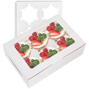 lot 15534 image: 50 Pack Cupcake Box with Insert and Window Hold 6 Standard Cupcakes, Food Grade Cupcake Carrier Container, White Bakery Muffin Box for Pastry, Cookies, Small Cake, Party Dessert - Retail $22