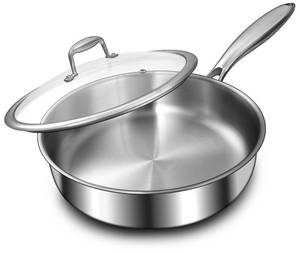 lot 15535 image: 12 Inch Tri-Ply Stainless Steel Frying Pan, Compatible with All Cooktops, Large Frying Pan with lids, Induction-Ready Skillet, Dishwasher and Oven Safe, Even Heat, 12 Saute PanLid. USED. - Retail $37