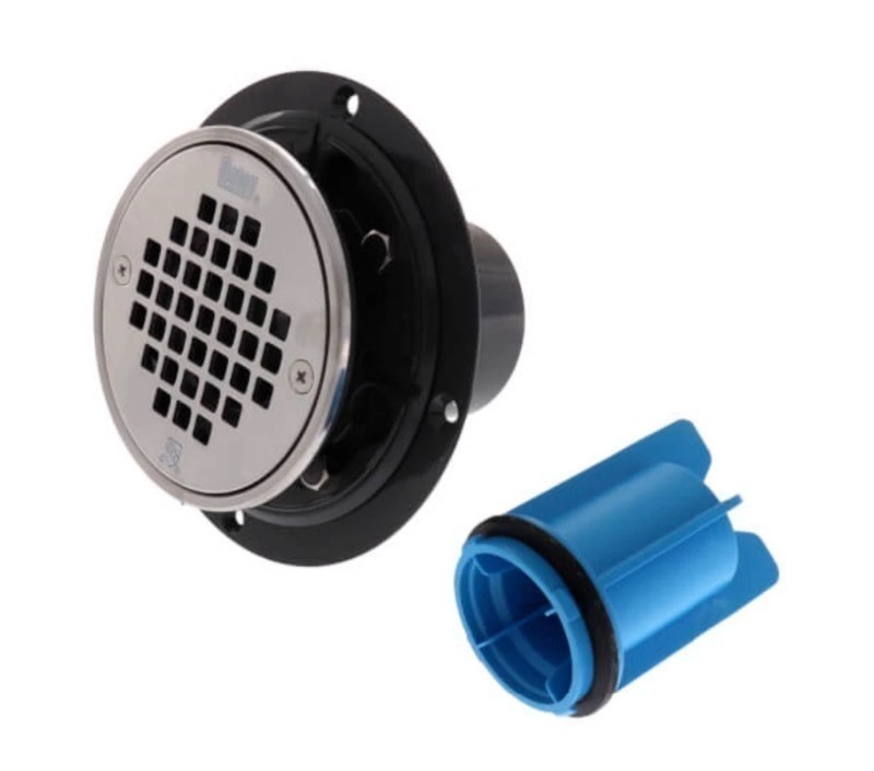 lot 195 image: New Oaty 2 or 3 PVC Shower Drain with Round Screw-In Stainless Steel Strainer, Tile Ring & Test Plug (4-Pack)