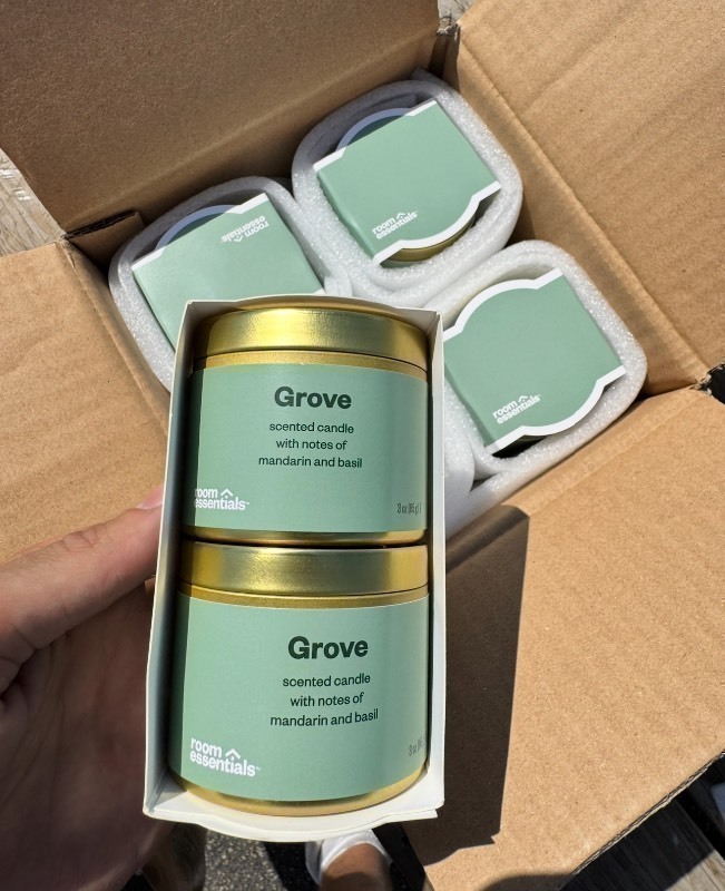 lot 391 image: New Case of Room Essentials Grove Scented Candles, Mandarin Basil (8pc Set)
