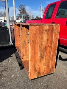 lot 21 image: Heavy Duty Beautiful Piece Navarra Acacia Wood and Resin Inlay Sideboard 76 W x 21 D x 40 H Retails $2,885 - NEEDS new hinges - Doors included see all images comes as is