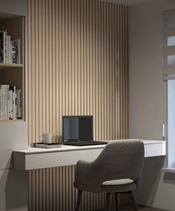 lot 160 image: 2 Pieces of Beautiful Wooden Slat Wall Panels - Oak Natural Color - not perfect sm blemishes on ends Multi Lot, each bid will be Multiplied by the amount in the lot ( x8)