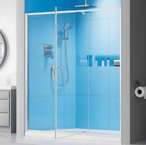 lot 7 image: 56-60 in. W x 71 in. H Pivot Semi-Frameless Shower Door in Brushed Nickel with Clear SGCC Tempered Glass Retails $533