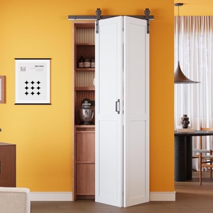 Pre-Assembled Solid Core Panels Bifold Barn Door 24" (12" x 2) x 84" and 29" Track Kit Included, Paintable White Primed Finished Bi Fold Barn Door for Interior, H-Shape Bifold Sliding Barn Door *Retails $289*