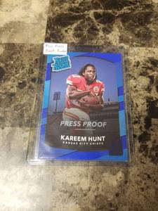 lot 1001 image: 2017 Panini Donruss Football Blue Press Proof Kareem Hunt Kansas City Chief Rated Rookie Card