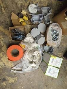 lot 16786 image: Mixed Electrical Box and Hardware Supply Lot, see images for item assortment and condition.