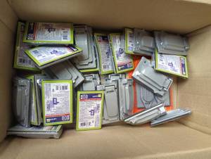 lot 16738 image: Bulk lot of Leviton 208 Metal Weatherproof Outlet Covers & a Double outlet cover