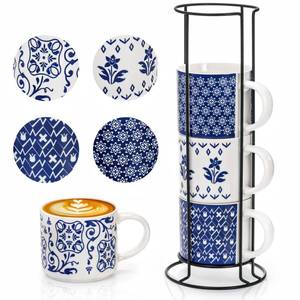 lot 1540 image: Eorbow 4 Pack Ceramic Coffee Mug Set with Rack, 16 OZ Stackable Cappuccino Cups with Metal Stand, Blue and White Porcelain Tea Mugs for Latte, Americano, Milk, Hot Cocoa, Beverages, Microwave Safe