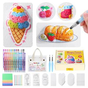 lot 1549 image: RuiHawk 75 Pcs Magic Foam Texture Painting Kit, Magic Puffy Paint Kit with 24 Auto-Flow Acrylic Markers, 38 Texture Sheets, 10 Bead Necklace & Tote Bag  DIY Art Supplies & Creative Gift for Kids