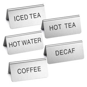 lot 1569 image: Stainless Steel Beverage Table Signs, Set of 5, 1.57 x 3.15 Inch Brushed Metal Drink Labels, Coffee Bar Signs for Coffee Station, Hot Water, Hot Tea, Iced Tea, and Decaf