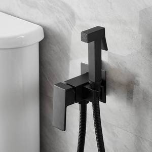 Bathfinesse Warm Water Bidet Sprayer Faucet for Toilet with Hot and Cold Brass Valve, Stainless Steel Square Handheld Bidet Attachment Set, Wall Mounted, Matte Black