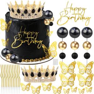 lot 1572 image: AMZVALU Corona Para Pastel, Crown Cake Topper, Crown Happy Birthday Cake Toppers Balls Candles Butterflies Cake Decorations, Birthday Crown for Women Queen Princess Party Wedding (Gold, Black)