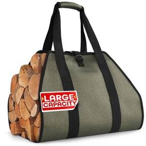 lot 1580 image: Water-Resistant Firewood Carrier Bag 39.4x18.5 Waxed Canvas Log Carrier for Firewood, Open-Ended Design, Large Capacity Wood Tote with Padded Handles, Buckle Strap &amp Folds Flat for Easy Storage