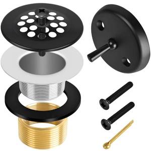 lot 1593 image: Matte Black Trip Lever Bath Tub Drain Kit, Universal for 1-12 and 1-38 Bathtub Drain Replacement, No Putty Installation Tub Drain Set with Trip Lever Overflow Faceplate and Strainer, Tub Trim Kit