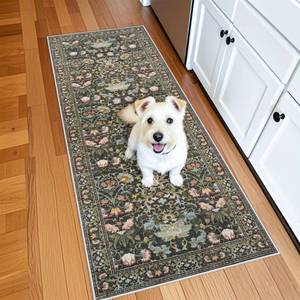 lot 1596 image: 2x6 Washable Hallway Runner Rug Vintage Floral Kitchen Rugs with Non-Slip Backing Low Pile Water Resistant Carpet for Living Room Bedroom Soft Floor Mat for Bathroom Laudry Dining Room(2x6,Green)