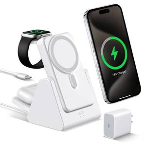lot 1608 image: Smtcsl 3-in-1 Wireless Charging Station Portable 10000mAh Power Bank Charger Compatible for Phone Air171615141312 Series and Watch - Detachable Magnetic Charging Stand White