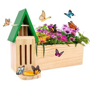 lot 1610 image: Butterfly House and Feeder with Flower Pot, Wooden Butterfly House for Garden, 3 in 1 with Drainage Holes, Natural Butterfly Habitat for Garden Decoration