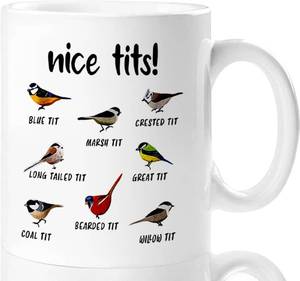 lot 1615 image: Jigfoxy Nice Tits Bird Mug, Funny Birds Coffee Mugs, Gifts for Bird Lovers Women Men - 11 Oz