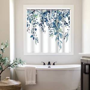 lot 1628 image: Ruelvth Shower Window Curtain, Watercolor Blue Eucalyptus Small Short Waterproof Bathroom Window Curtain with Hooks, 40x36 Inch