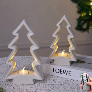 lot 1630 image: Mokof 2 Pcs White Ceramic Christmas Tree with LED Tea Lights & Remote Control, Farmhouse Tabletop Christmas Decorations Indoor for Mantle, Fireplace, Shelf Winter Holiday Home Decor (9.5 H & 7.5 H)