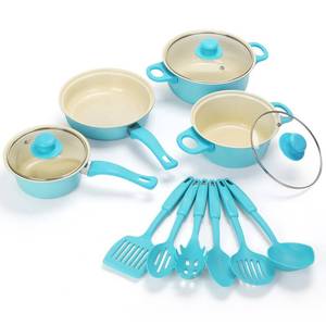 lot 1636 image: Non-Stick Cookware Set, Portable Lightweight Cast Iron Pots and Pans with Glass Lids and Nylon Utensils - 13 Piece Set Blue for Outdoor Camping Picnic Travel