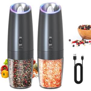 lot 1663 image: CIRCLE JOY Rechargeable Electric Salt and Pepper Grinder Set Gravity Salt and Pepper Mills Set with LED Light, No Battery Needed, Adjustable Coarseness, Washable 135ml Container, Black