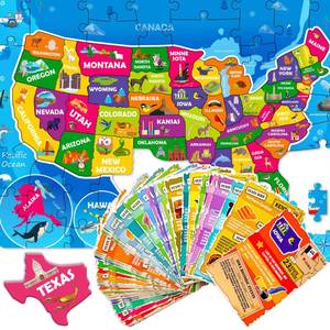 lot 1683 image: QUOKKA United States Puzzles for Kids Ages 4-6 - 70 Pcs USA Map Kids Puzzle with 50 Cards 400 USA Facts - State & Capitals Floor Jigsaw Puzzles for Children 6-8 - Educational Toys Gift for Boys Girls