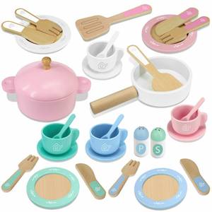 lot 1684 image: SimpliPlay Wooden Toy Plates and Dishes for Kitchen Set, 30PCS Montessori Play Kitchen Accessories for Toddlers with Toy Pots and Pans, Wooden Play Cooking Set for 3-8 Years Girls & Boys